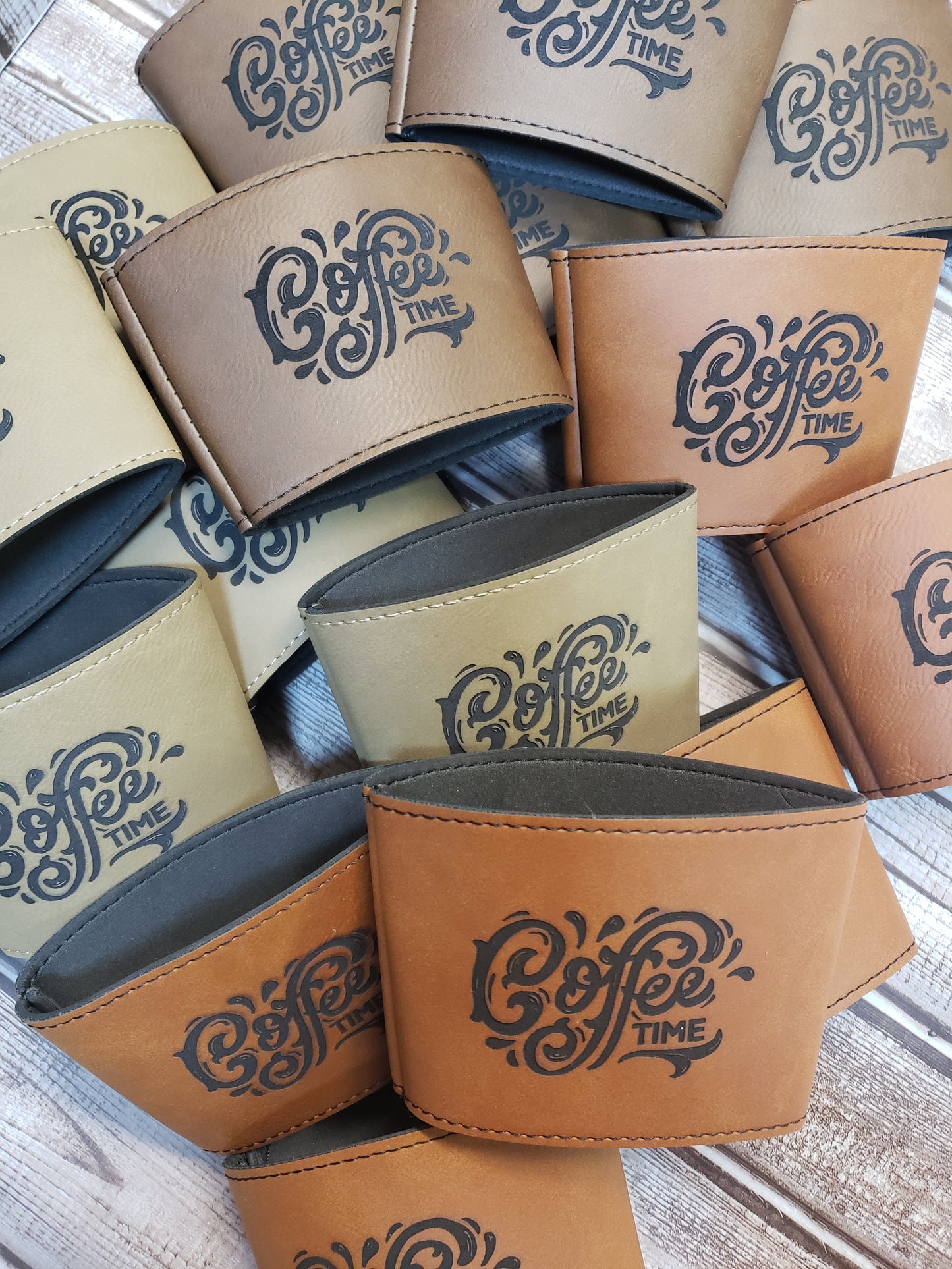 Set of 12 Custom Logo Laser Engraved Leatherette Cup Sleeves for Coffee Shops – Personalized Branding for Your Java Experience