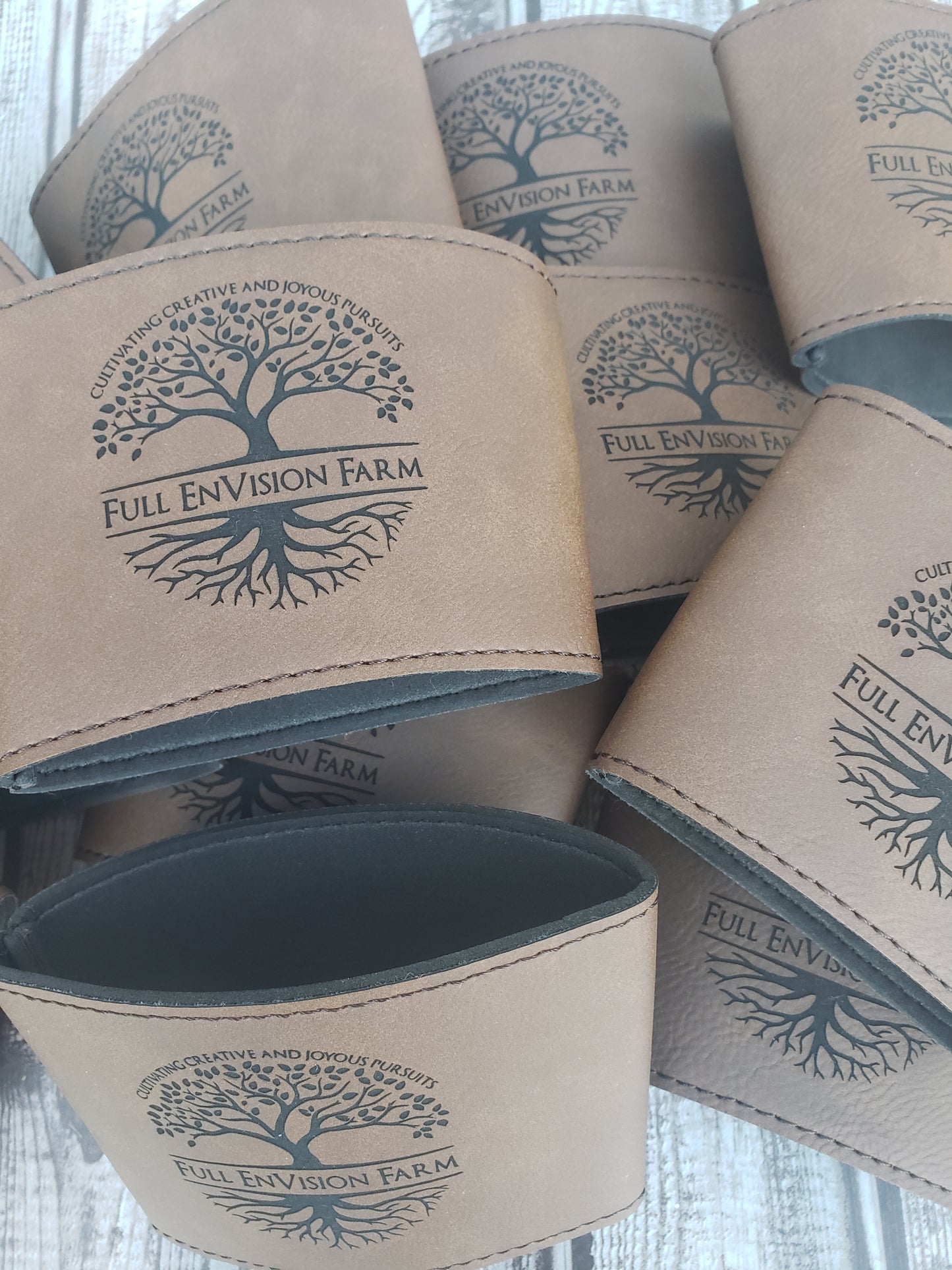 Set of 12 Custom Logo Laser Engraved Leatherette Cup Sleeves for Coffee Shops – Personalized Branding for Your Java Experience