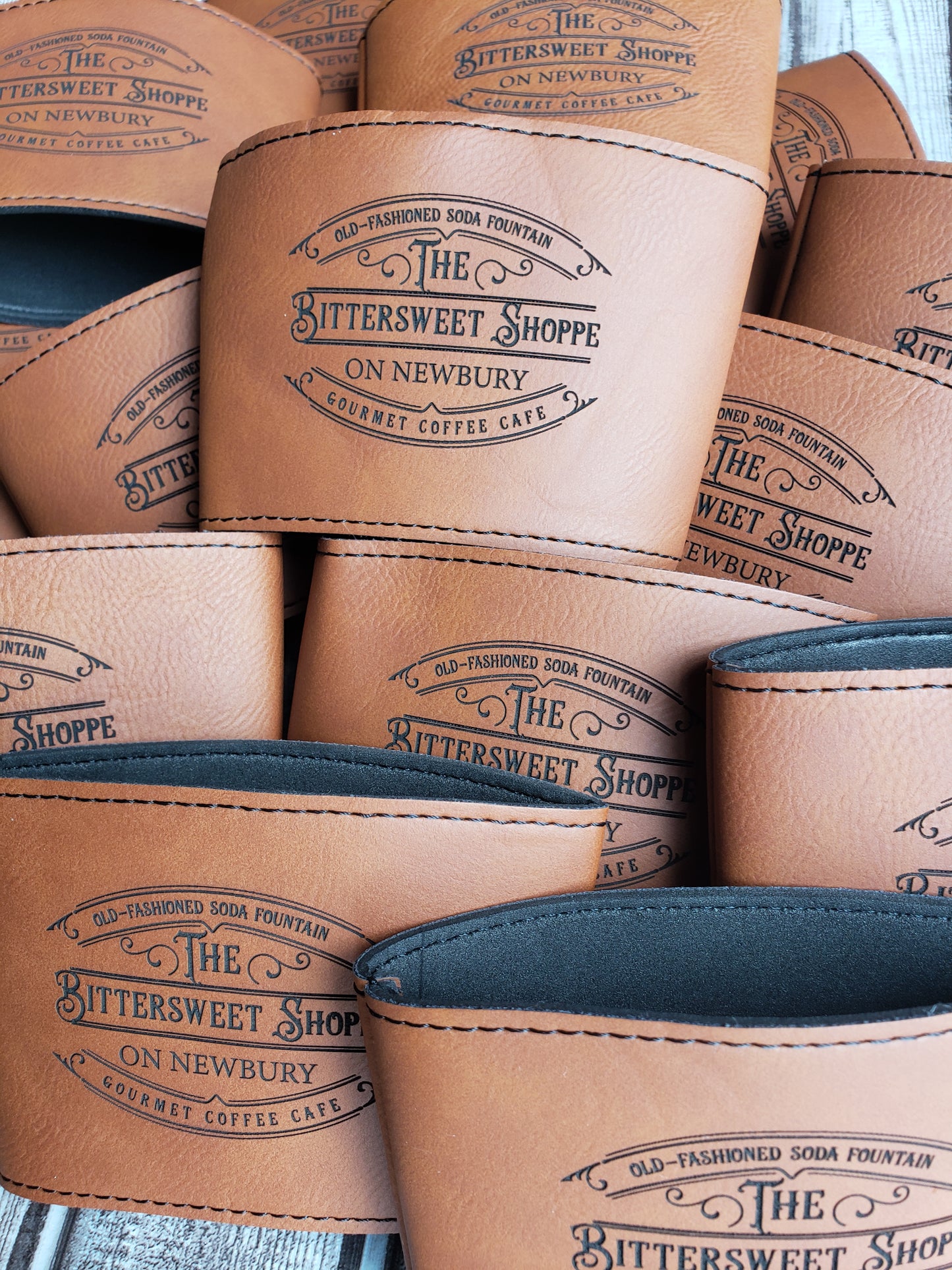 Set of 12 Custom Logo Laser Engraved Leatherette Cup Sleeves for Coffee Shops – Personalized Branding for Your Java Experience