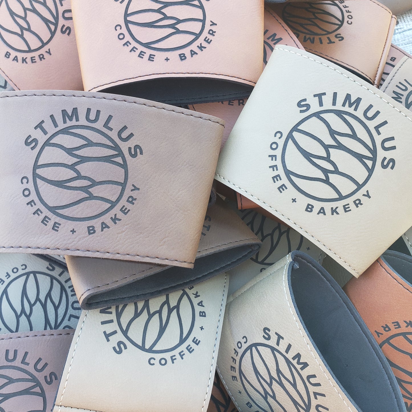 Set of 12 Custom Logo Laser Engraved Leatherette Cup Sleeves for Coffee Shops – Personalized Branding for Your Java Experience