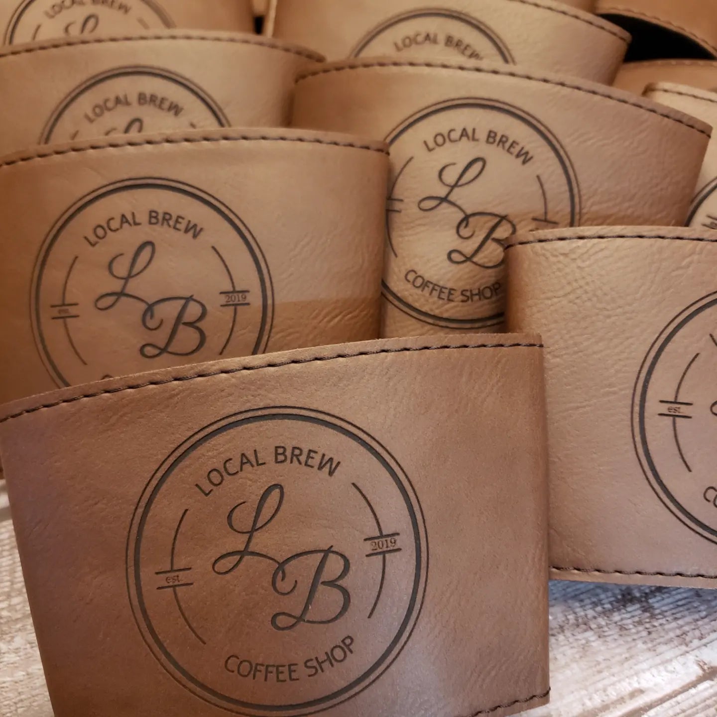 Set of 12 Custom Logo Laser Engraved Leatherette Cup Sleeves for Coffee Shops – Personalized Branding for Your Java Experience