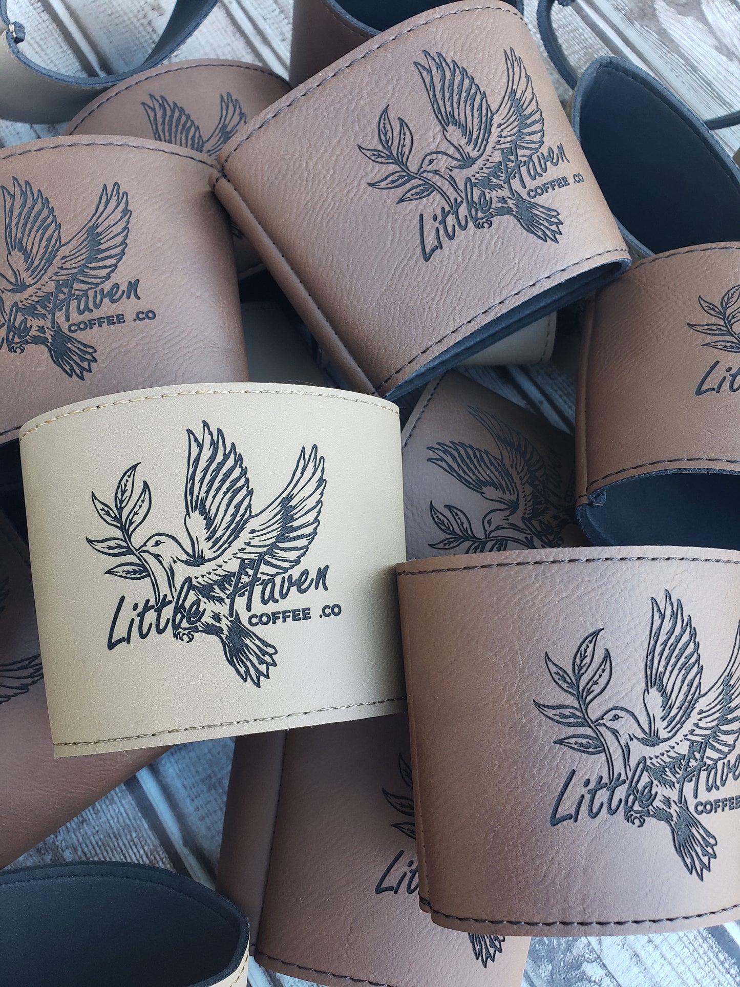 Set of 12 Custom Logo Laser Engraved Leatherette Cup Sleeves for Coffee Shops – Personalized Branding for Your Java Experience