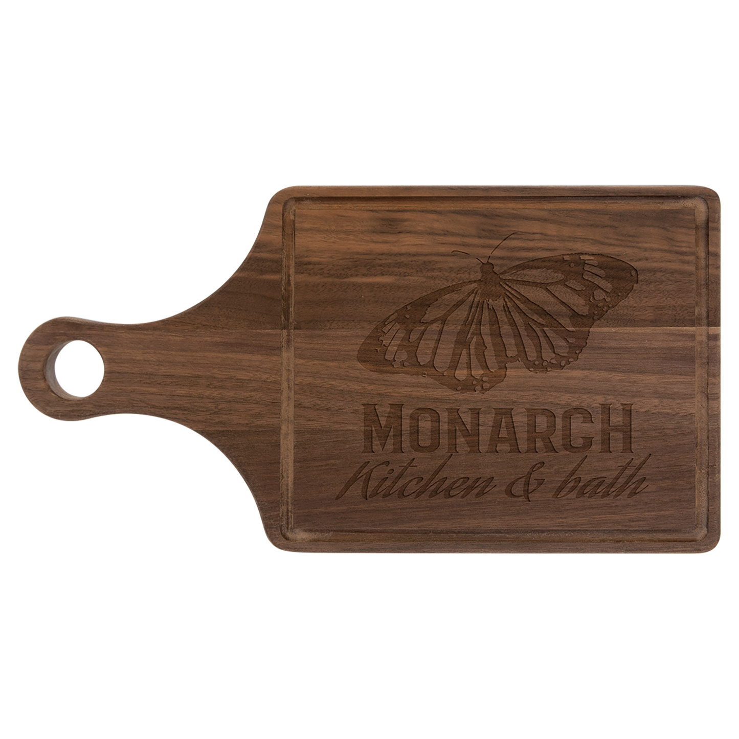 Personalized 13 1/2" x 7" Paddle Handle Walnut Drip Ring Cutting Board