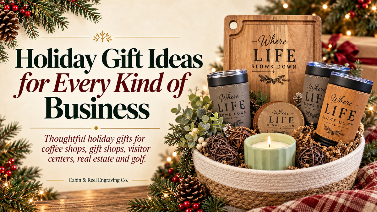 Personalized holiday gift ideas for businesses including custom engraved drinkware, coasters, cutting boards and small gifts