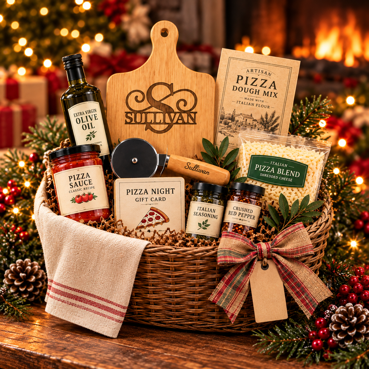 Personalized engraved cutting board used as the centerpiece of a curated corporate gift.