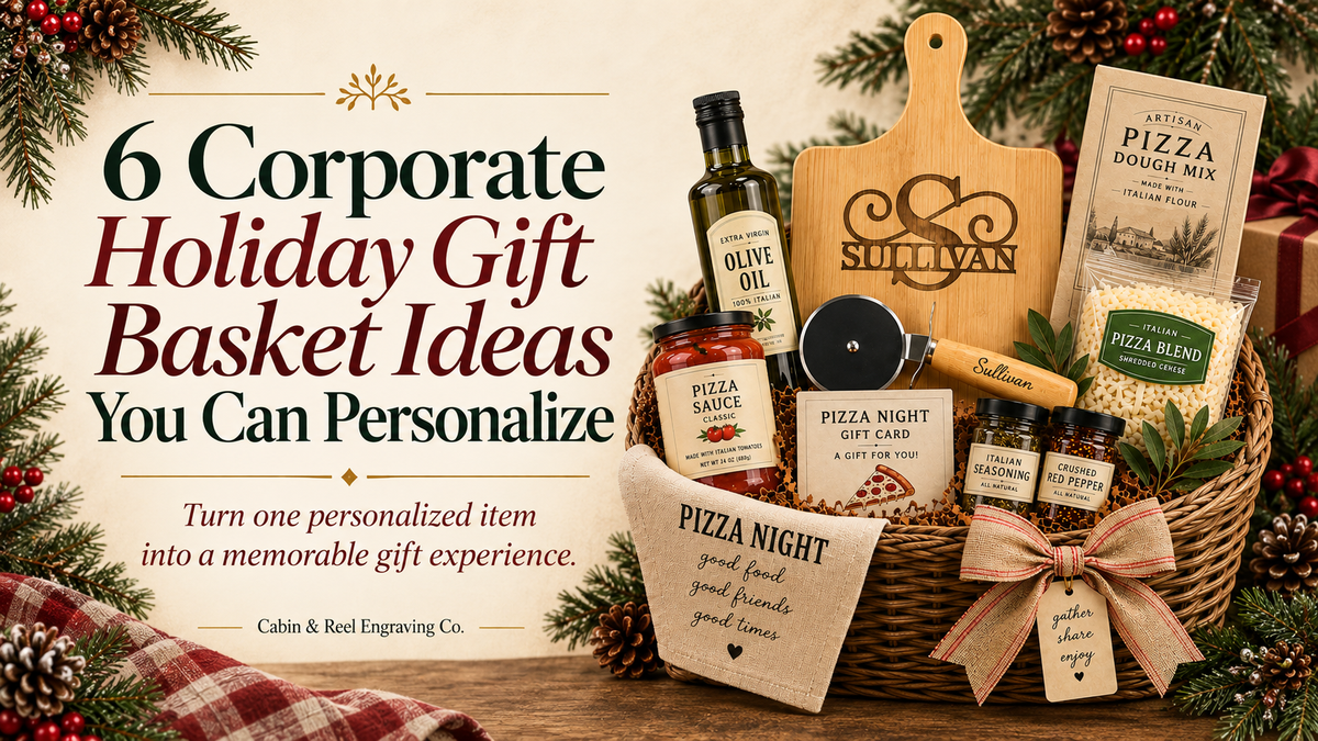 Personalized corporate holiday gift basket ideas featuring engraved pizza boards, tumblers, journals and curated business gifts.