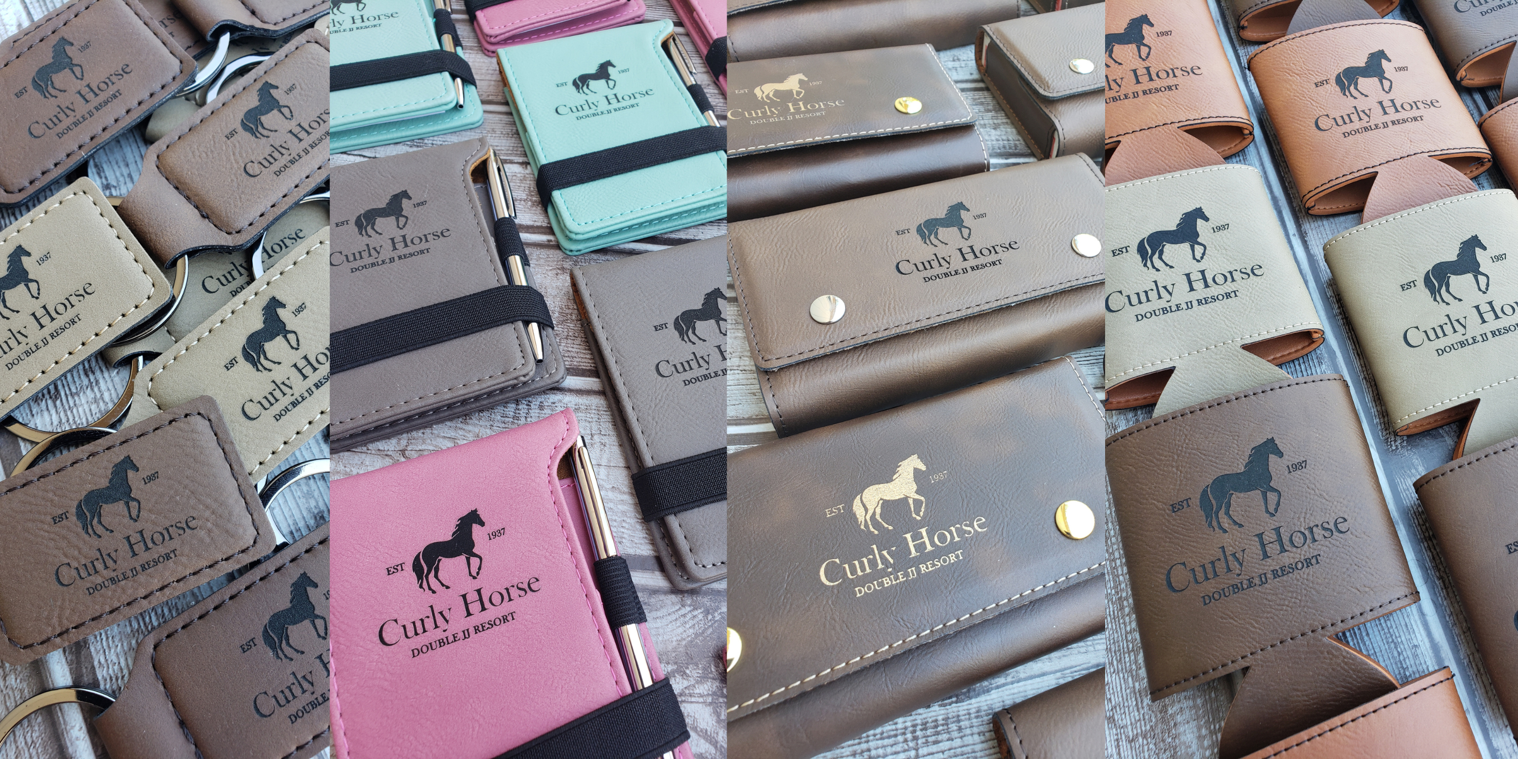 Custom resort gift shop merchandise for Double JJ Resort featuring laser engraved keychains, can koozies, mini notepads and flasks.