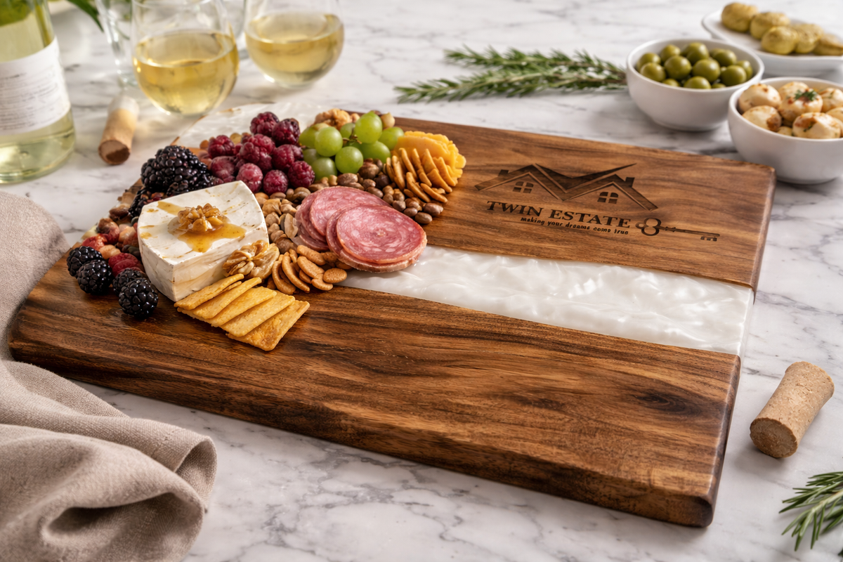 Custom engraved acacia cutting boards for new homeowner gift baskets.