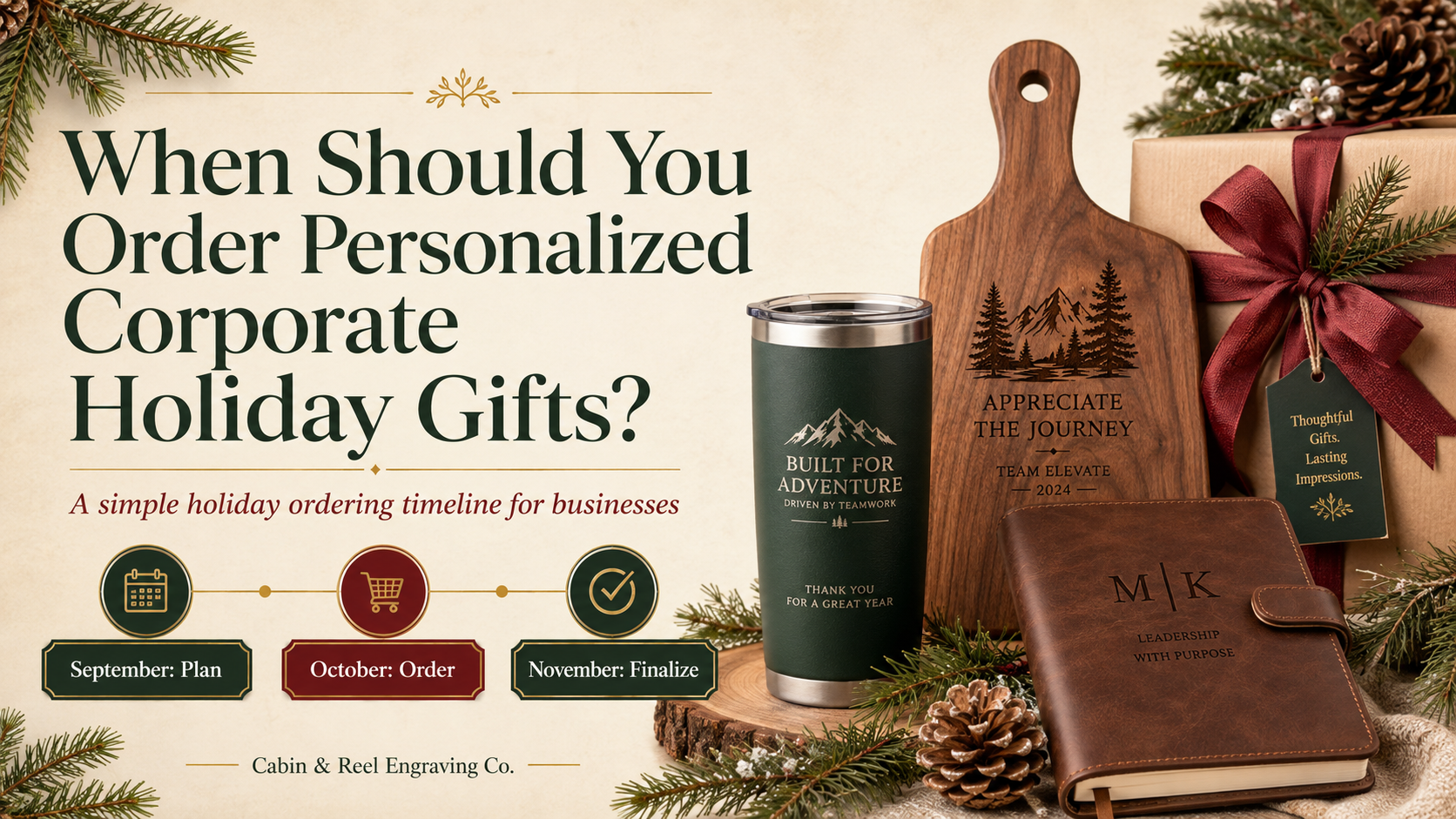Personalized corporate holiday gifts ordering timeline with engraved tumblers, cutting boards and journals for employee, client and business gifting.