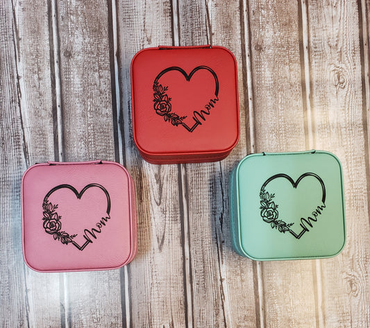 Mom Heart with Flowers Laser Engraved Faux Leather Travel Jewelry Box