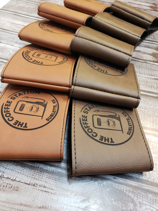 Set of 12 Custom Logo Laser Engraved Leatherette Cup Sleeves for Coffee Shops – Personalized Branding for Your Java Experience