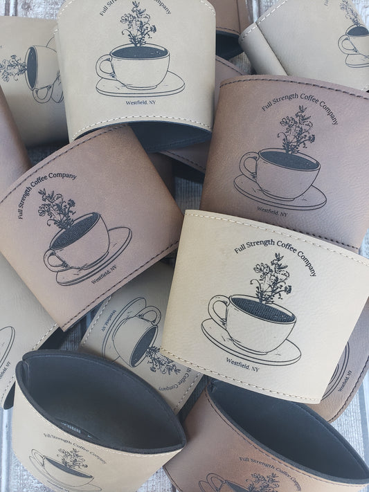 Set of 12 Custom Logo Laser Engraved Leatherette Cup Sleeves for Coffee Shops – Personalized Branding for Your Java Experience