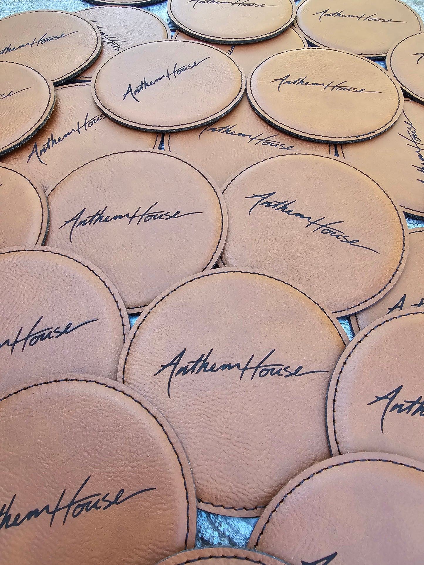 Custom Wholesale Laser Engraved Leatherette 4-Inch Round Coasters | Personalized with Logo for Tourist Shops,Visitor Centers, Souvenir Shops