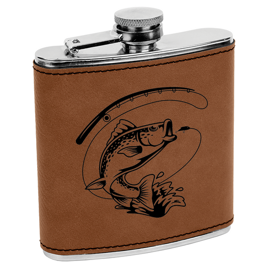 Fish with Rod 6 oz Faux Leather Flask