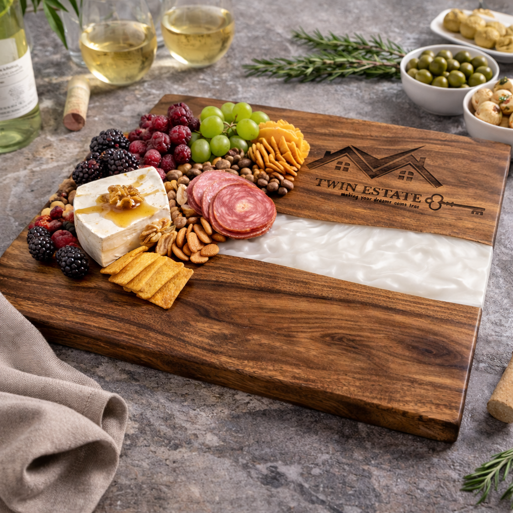 18"X9" Engraved Acacia & White Pearl Resin Charcuterie Board
