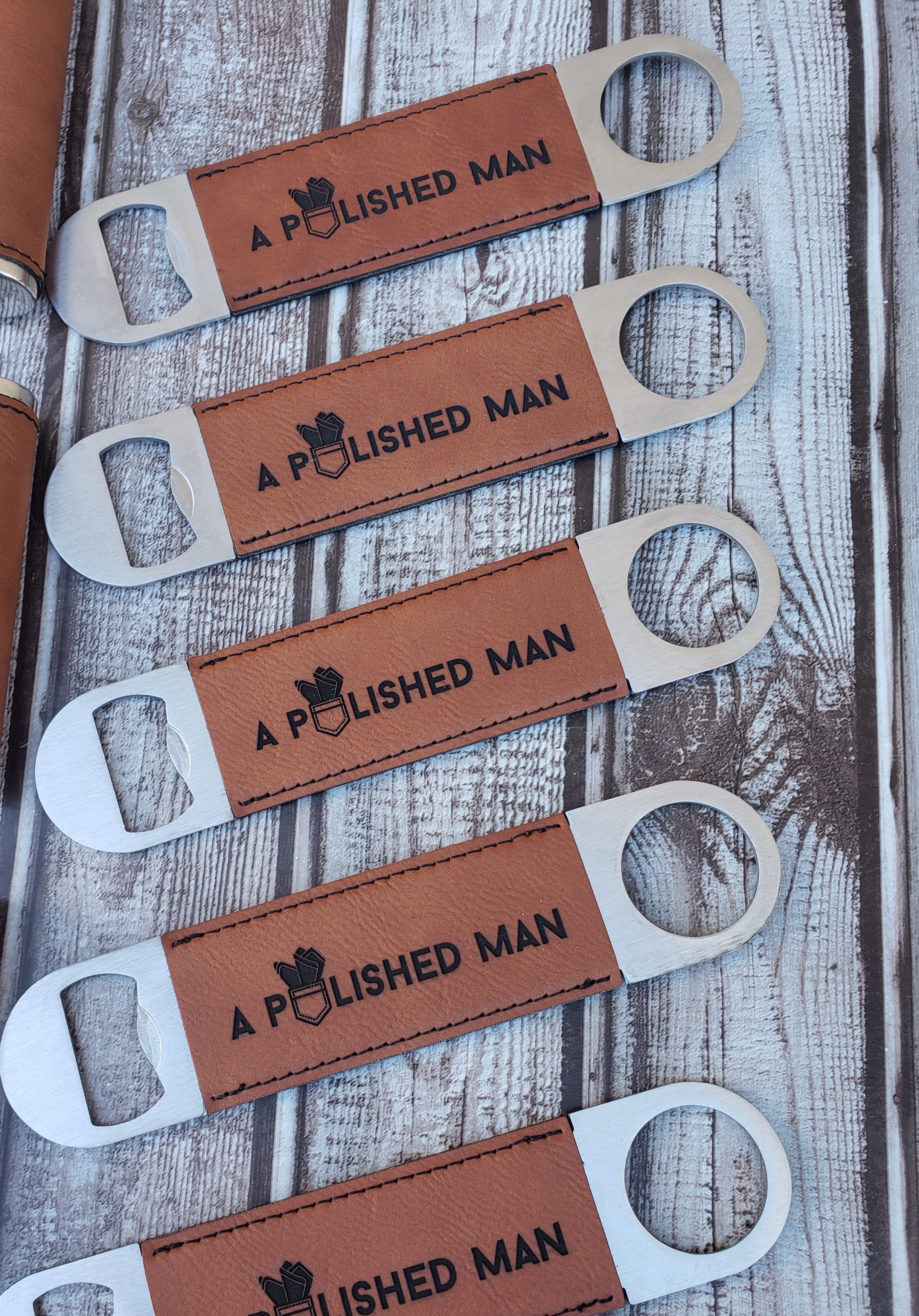 Client Gift Custom Logo Laser Engraved Bottle Opener in Rawhide Leatherette