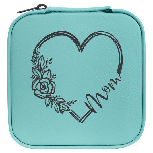 Mom Heart with Flowers Laser Engraved Faux Leather Travel Jewelry Box
