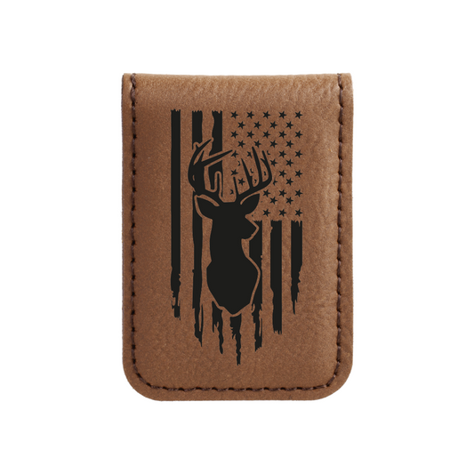 Deer with USA Flag Faux Leather Money Clip