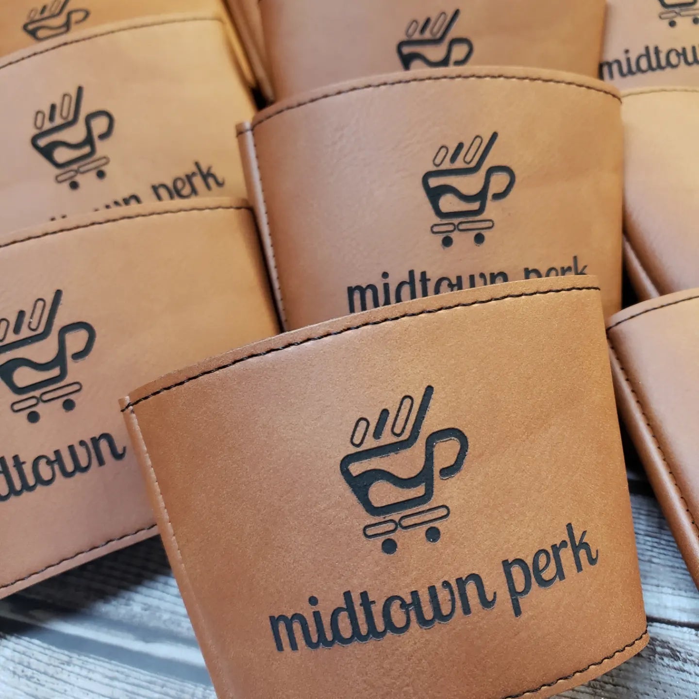 Set of 12 Custom Logo Laser Engraved Leatherette Cup Sleeves for Coffee Shops – Personalized Branding for Your Java Experience