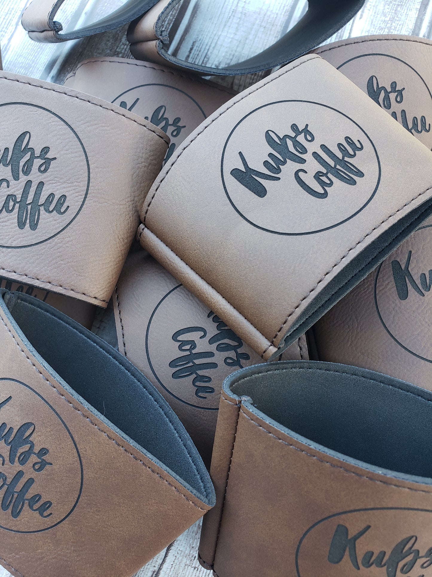 Set of 12 Custom Logo Laser Engraved Leatherette Cup Sleeves for Coffee Shops – Personalized Branding for Your Java Experience