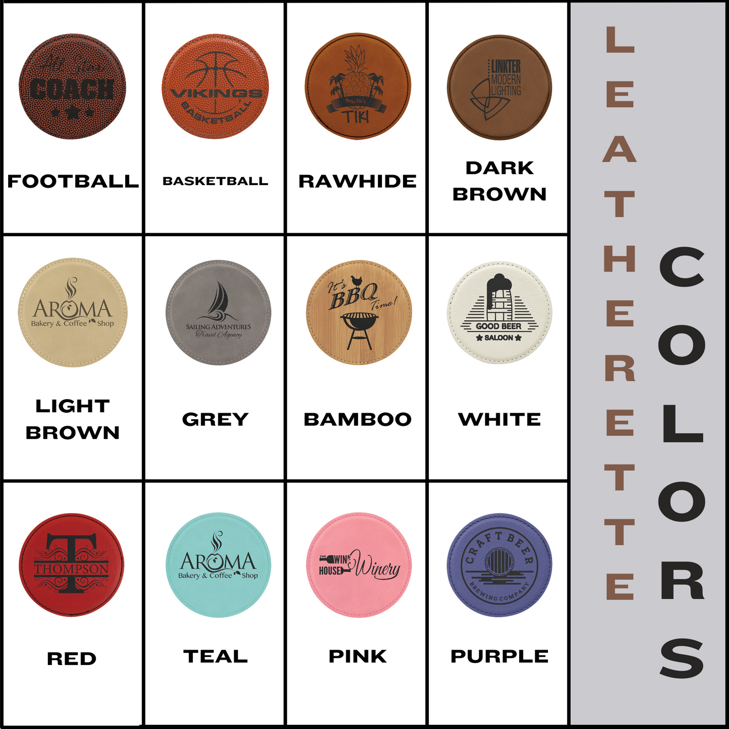 Custom Wholesale Laser Engraved Leatherette 4-Inch Round Coasters | Personalized with Logo for Tourist Shops,Visitor Centers, Souvenir Shops