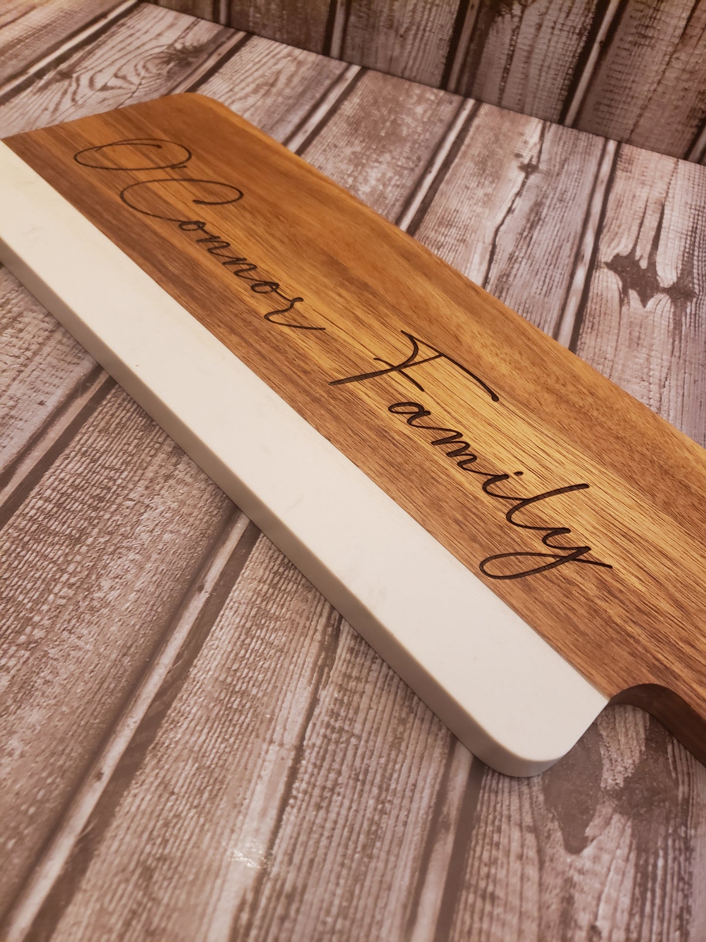 Personalized Acopa 16" x 5" Acacia Wood and White Marble Serving Board with Handle