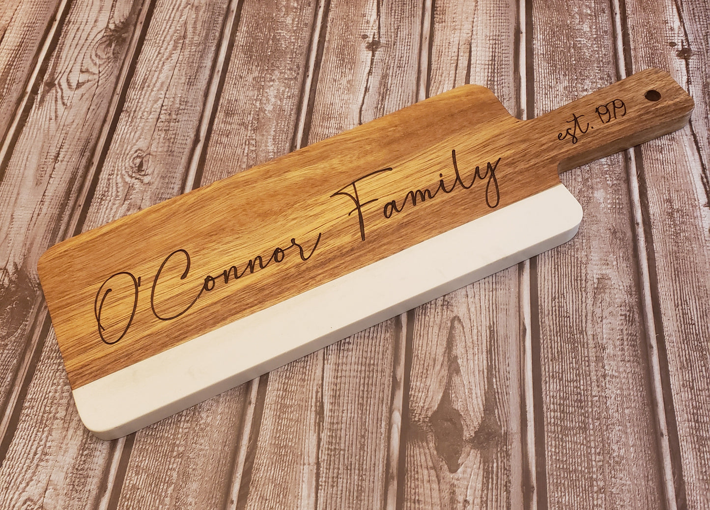 Personalized Acopa 16" x 5" Acacia Wood and White Marble Serving Board with Handle