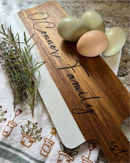 Personalized Acopa 16" x 5" Acacia Wood and White Marble Serving Board with Handle