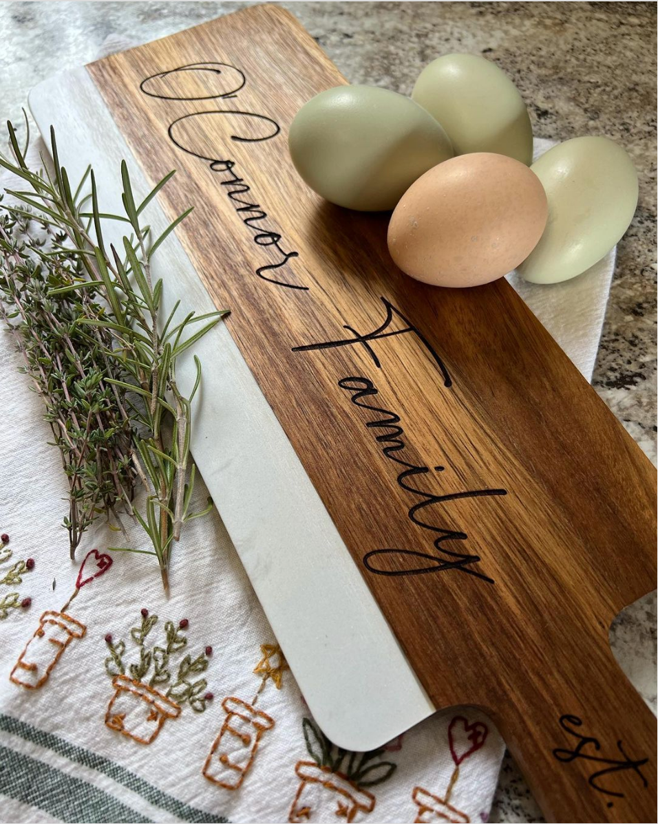 Personalized Acopa 16" x 5" Acacia Wood and White Marble Serving Board with Handle